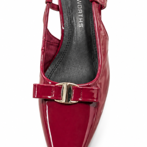 Elegant Glossy Burgundy Slingback Flats for Women – Bow Detail & Gold Accent