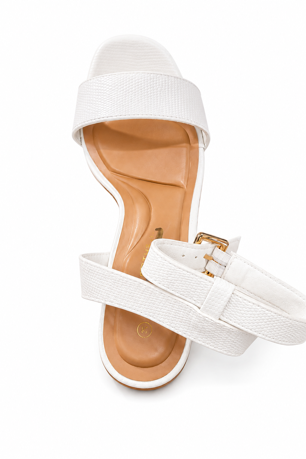 Women’s Elegant White Ankle-Strap Block Sandals – Textured Finish with Gold Buckle