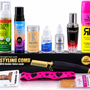 10pcs Brazilian installation kit- HOT COMB + WIG CAP + GLAMOUR SPRAY + LACE MELTING SPRAY + WAX STICK + REMOVER + GHOSTBOND + MELTING BAND + LACE TINT + LOUDAIS