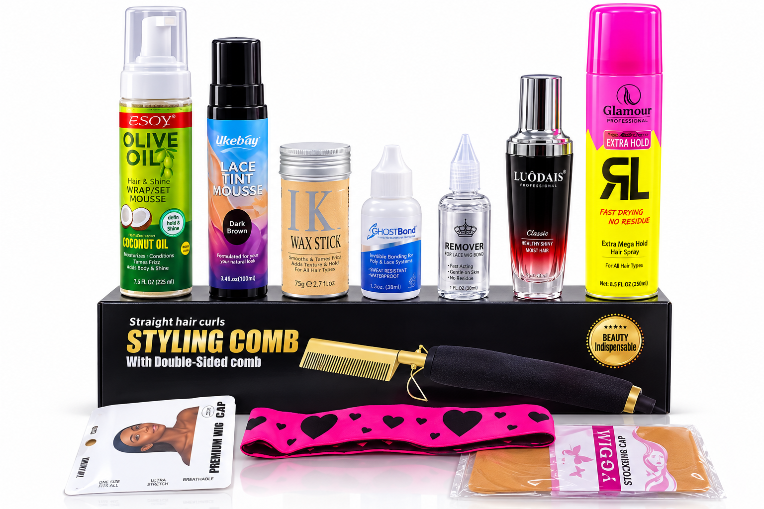 10pcs Brazilian installation kit- HOT COMB + WIG CAP + GLAMOUR SPRAY + LACE MELTING SPRAY + WAX STICK + REMOVER + GHOSTBOND + MELTING BAND + LACE TINT + LOUDAIS