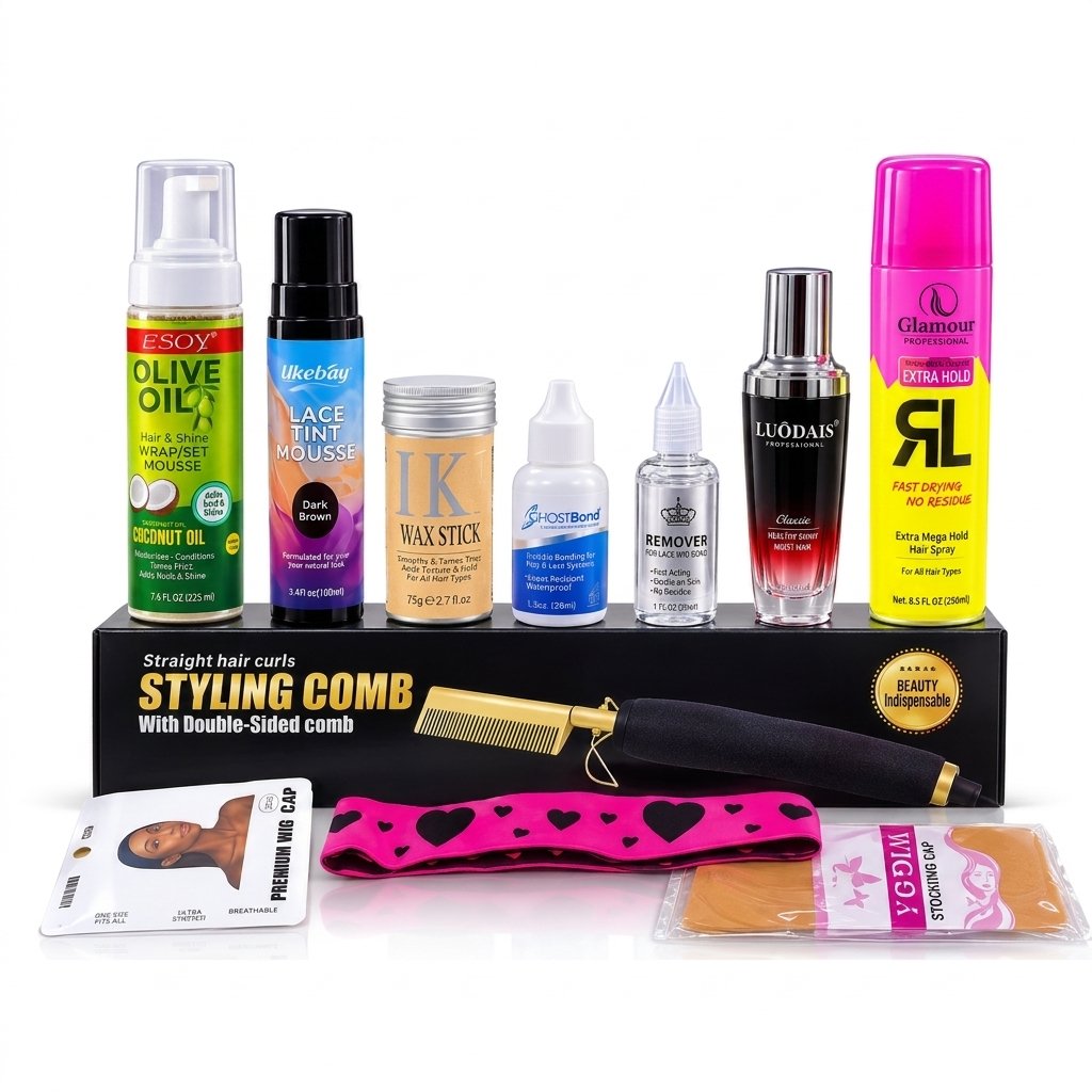 10pcs Brazilian installation kit- HOT COMB + WIG CAP + GLAMOUR SPRAY + LACE MELTING SPRAY + WAX STICK + REMOVER + GHOSTBOND + MELTING BAND + LACE TINT + LOUDAIS