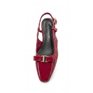 Elegant Glossy Burgundy Slingback Flats for Women – Bow Detail & Gold Accent