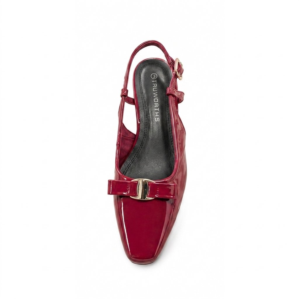 Elegant Glossy Burgundy Slingback Flats for Women – Bow Detail & Gold Accent