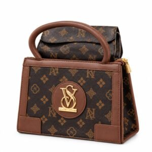 Women’s Luxury Brown Monogram Handbag with Gold-Tone Emblem & Top Handle