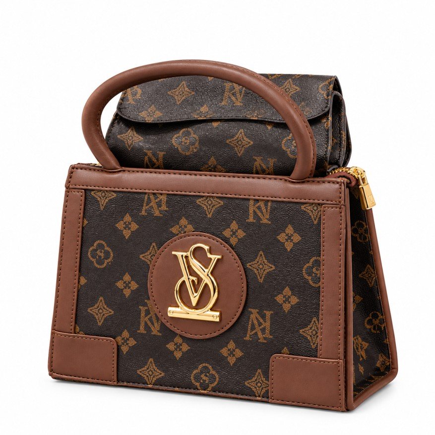 Women's Luxury Brown Monogram Handbag with Gold-Tone Emblem & Top Handle